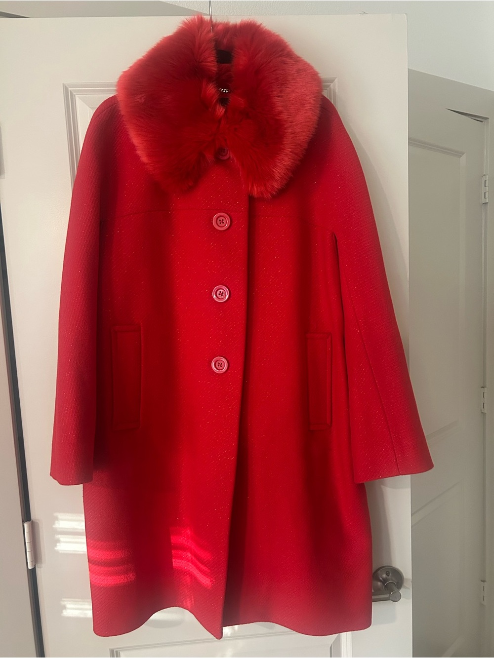 kate spade Red Wool Cape Coat with Faux Fur Collar